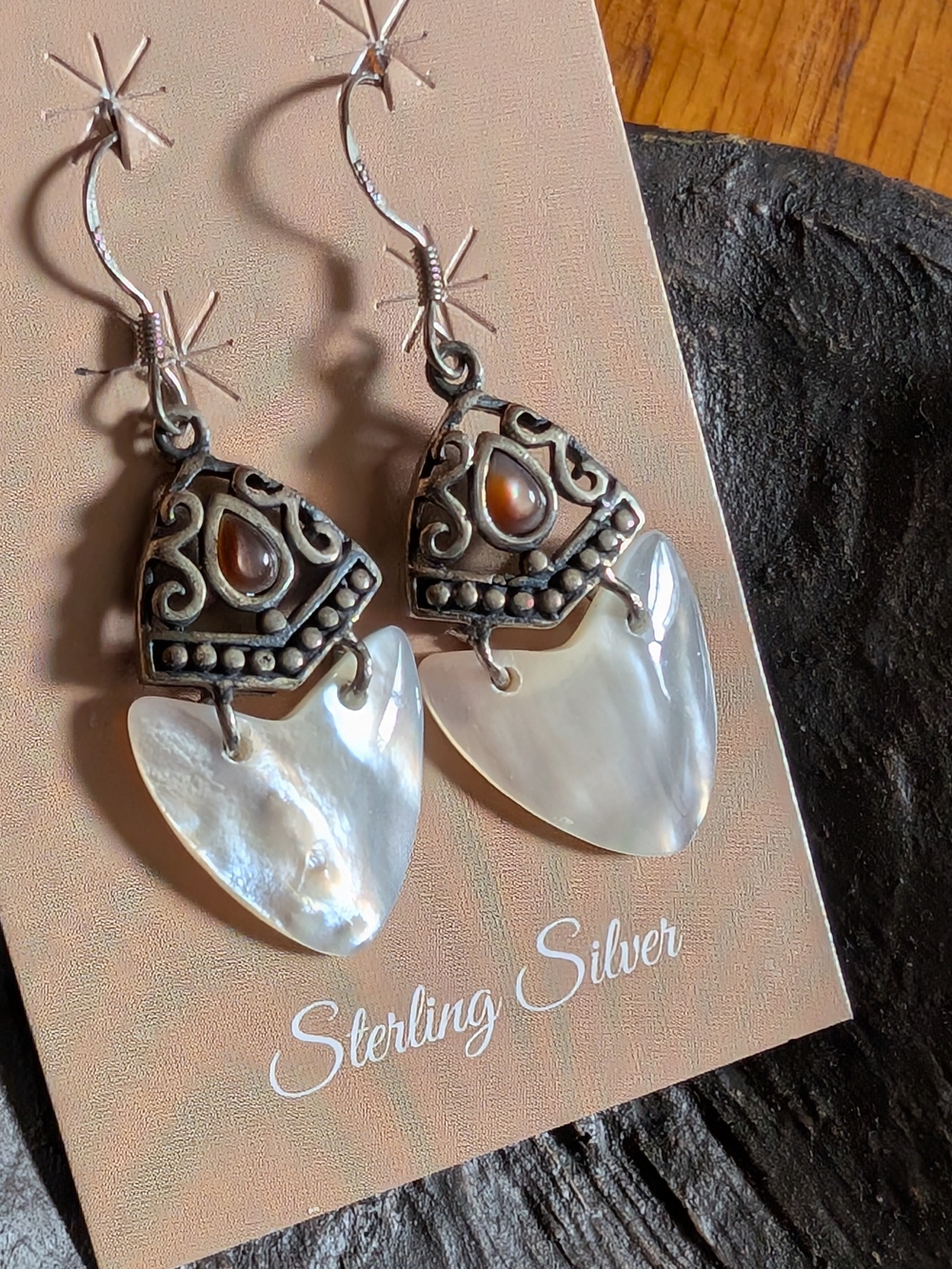 Sterling Silver Earrings with Mother of Pearl and Garnet